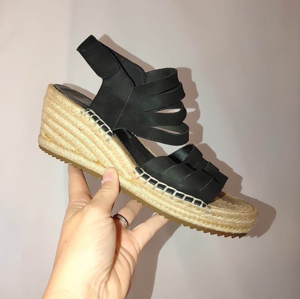 Eileen Fisher Black Leather Espadrille Wedge Sandals